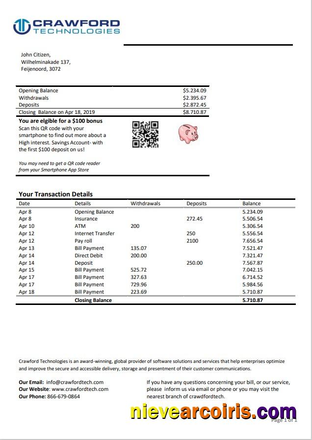 Netherlands (Holland) Crawford Technologies bank statement in Word and PDF format